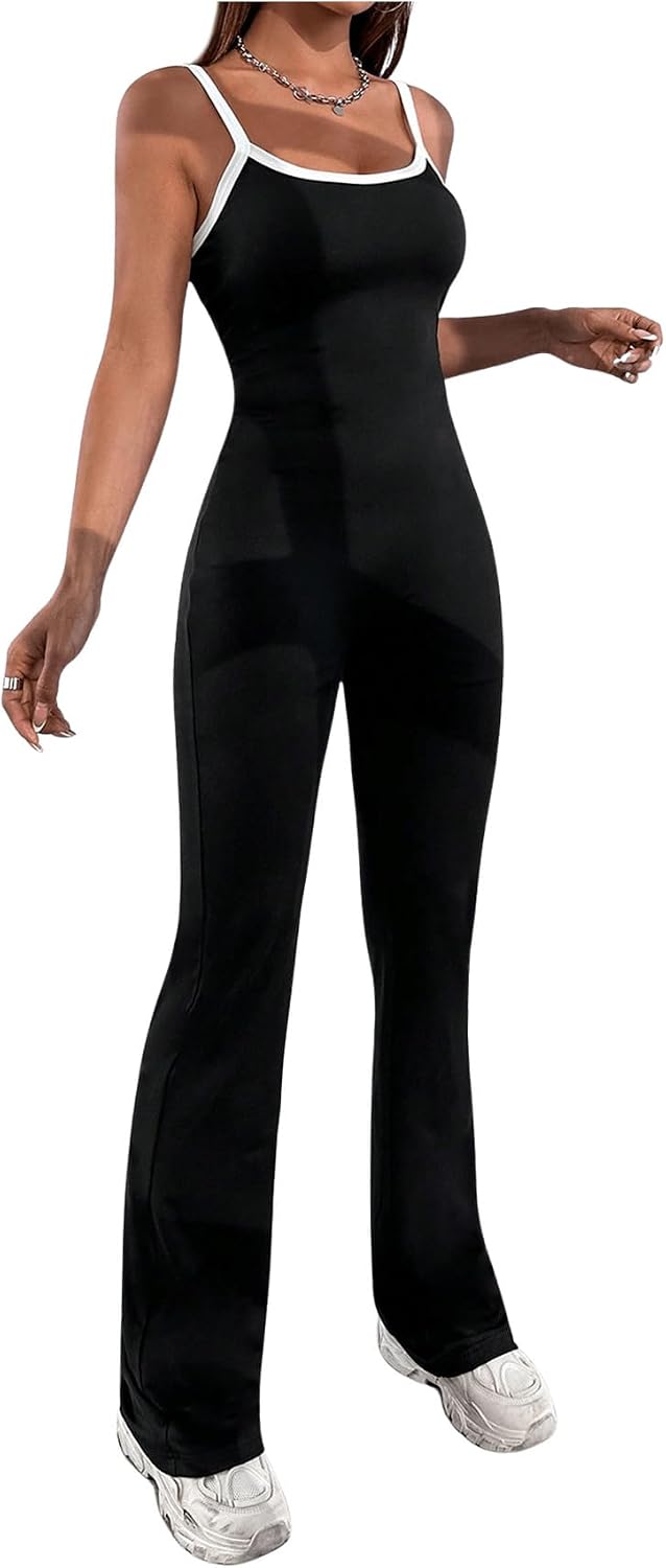 WDIRARA Women's Skinny Flared Leg Bodycon Jumpsuit Solid Contrast Trim Long Pants Rompers0