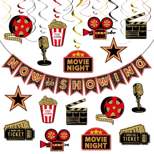 KALEFO 27PCS Movie Night Decorations Kit Movies Theme Party Decoration Film Theme Hanging Swirls Set Red Golden Black for Parties Supplies
