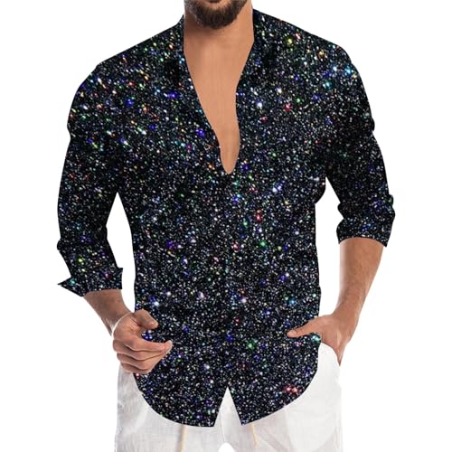Generisch Camisa con purpurina para hombre, manga larga, con lentejuelas, estampada, discoteca, hippie, fiesta, camisa brillante de los años 70 y 80, disfraz de carnaval, camisa para hombre, camisa de