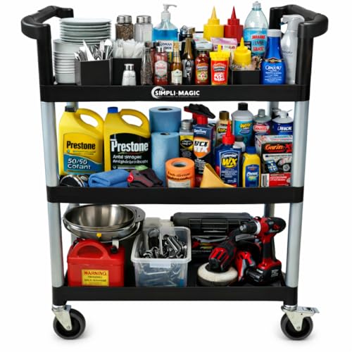 Image of Simpli-Magic Rolling Utility Cart on Wheels, Heavy Duty Multi-Purpose Service Cart, Silver & Black, Garage, Warehouse & Commercial Use