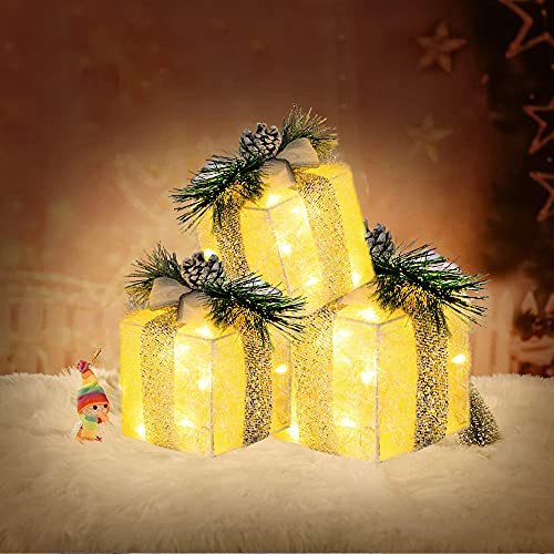 Hourleey Set Of 3 Christmas Lighted Gift Boxes, Pre-Lit 60 Led Light Up Present Boxes Ornament Outdoor Warm White Tinsel Boxes Decoration For Indoor Christmas Home Yard Lawn Decor #TOP3