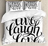 Ambesonne Live Laugh Love Duvet Cover Set, Simplistic Inspiration Words Minimalist Featured Typography Design, Decorative 3 Piece Bedding Set with 2 Pillow Shams, California King, White Charcoal Grey