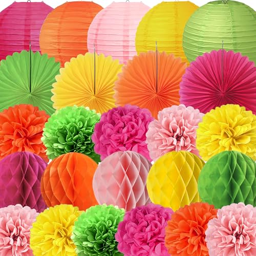 YBwanli 24 peças kit decoração festa e aniversário | Pompões, lanterna de papel | decoração pendente multicor para aniversários, casamento, Baby Shower