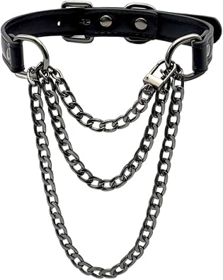 Black Leather Choker Collar For Women, Punk Gothic Necklace with Adjustable Triple-Layer Slip Chain Necklace Handmade