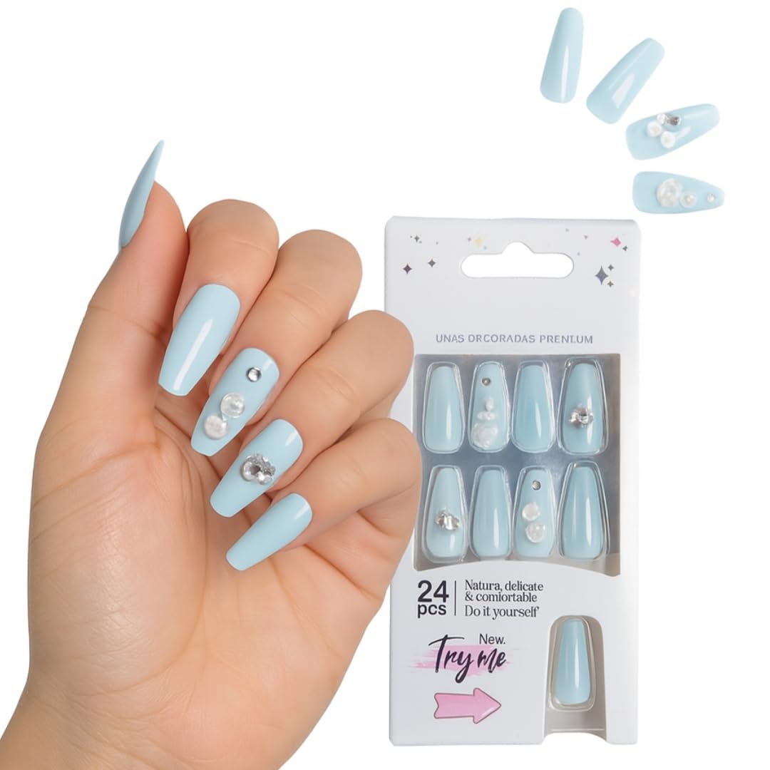 Coslifestore 24 Reusable Artificial Fake Nail Set Glossy Nails-holographic- chrome nails | Lightweight & Long Lasting| Quick Fix For Festivals, Parties & Special Occasions (SKY BLUE WITH ROSES)
