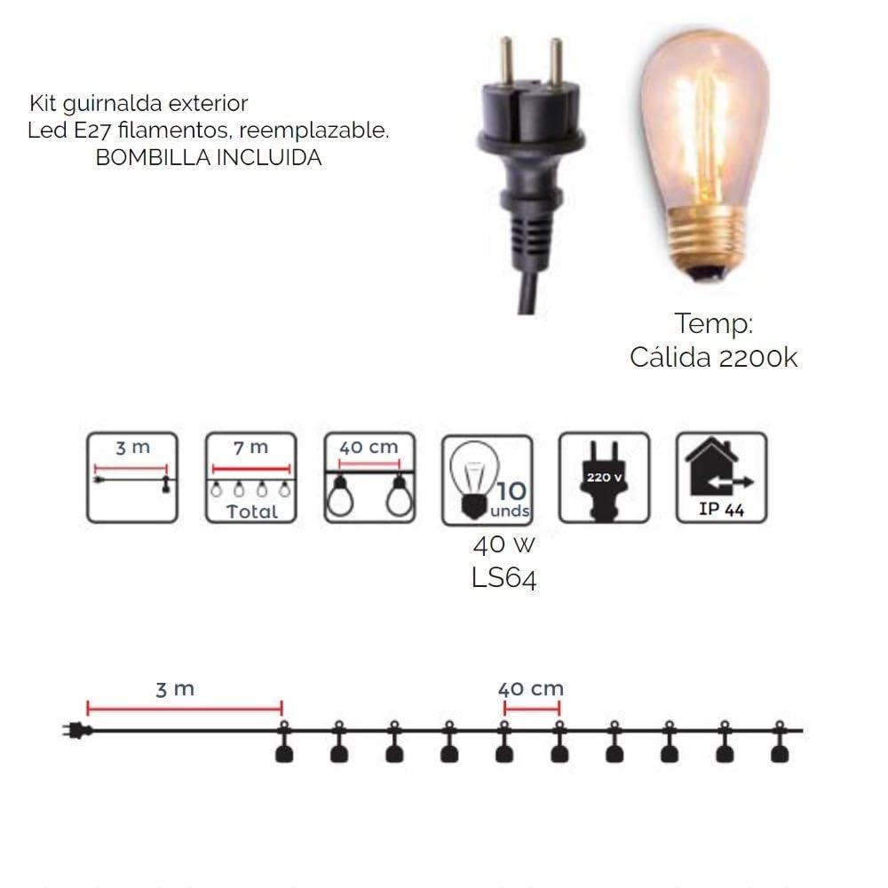 LOLAhome Guirnalda Luces Industrial Exterior 7 Metros y 10 Bombillas 40W | 2. 200K, 1. 800Lm. IP 44. Casquillos E 27 con pantallas de metal bronce. Ampliable extensible. Modelo Chateau