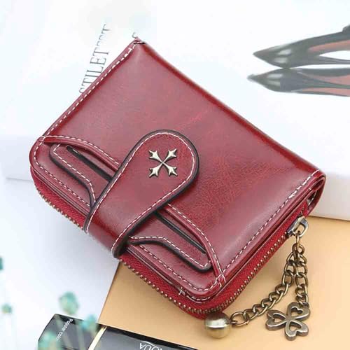Image of Women's retro wallet small Y2K credit card bag zipper double fold mini leather aesthetic y2k wallet(Red)