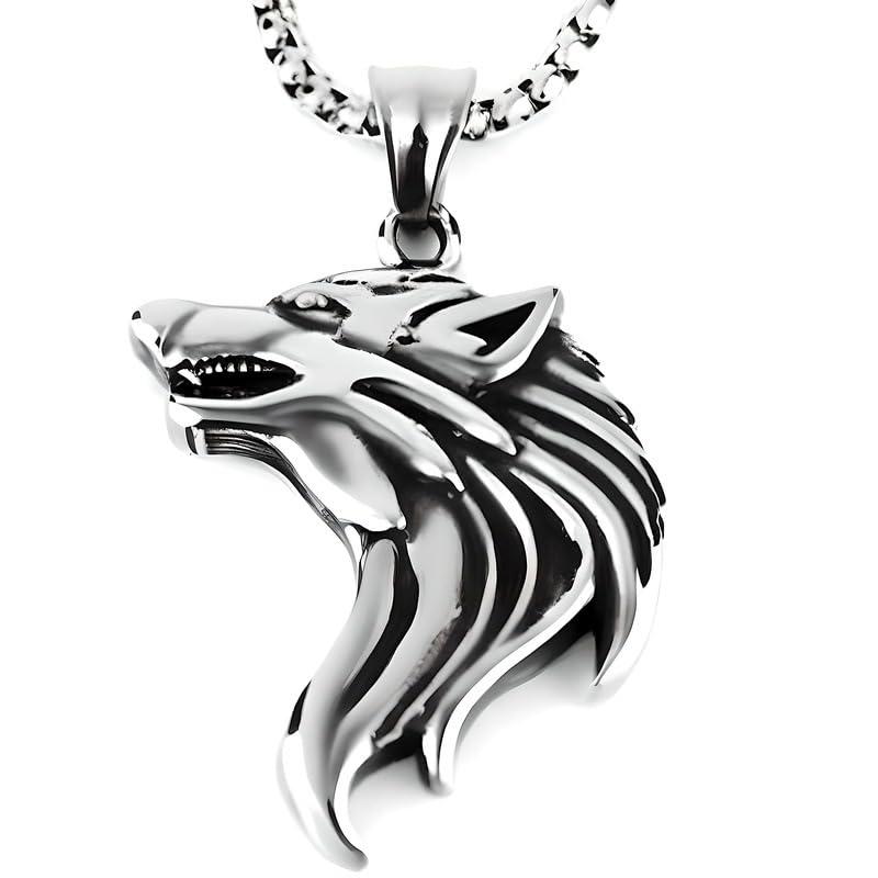 Image of THE MEN THING WATCHING WOLF (T) - Pure Titanium Steel Pendant with Stainless Steel 24inch Round Box Chain, European trending Style for Men & Boy
