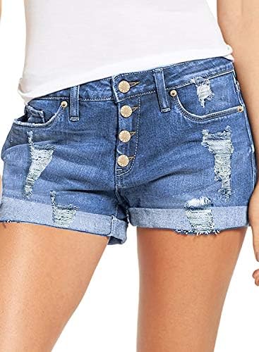 luvamia Women's Ripped Button Fly Denim Shorts High Waisted Folded Hem Short Denim Jeans, F Blue Size X-Large