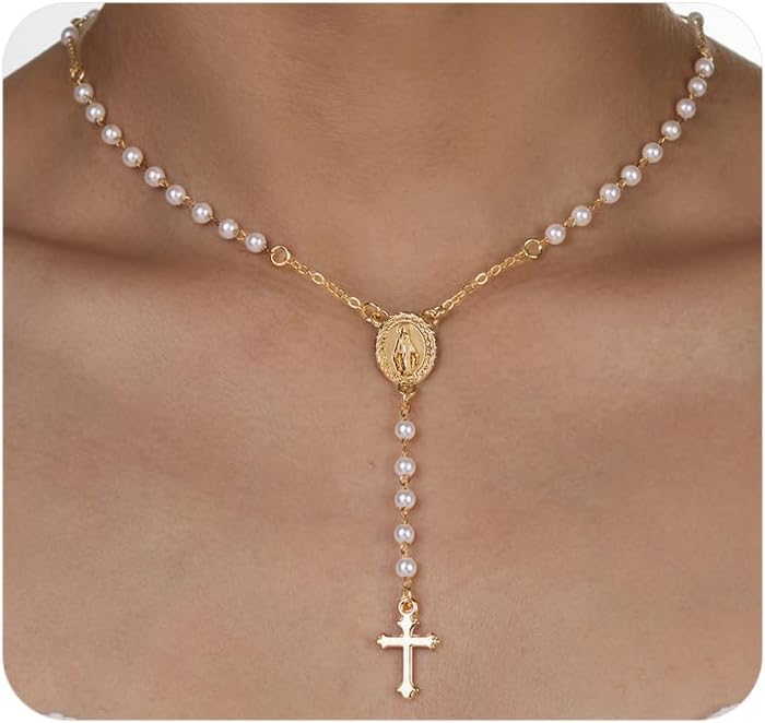 Dainty Gold Virgin Mary Cross Beaded Y Necklace for Women Vintage Rosary White Cross Pearl Pendant Necklaces Religious Statement Neck Jewelry
