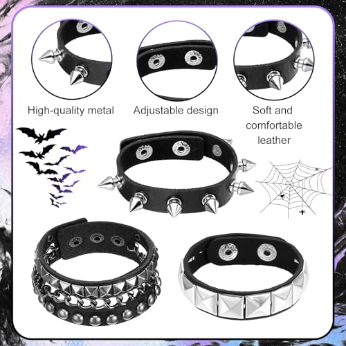 Ouligay 3 Pcs Studded Bracelet, Spiked Bracelets, Punk Leather Bracelet for Women Men, Vintage Chain 80s Wristband Set, Gothic Accessories for Rocker Outfits Emo Y2k Punk Jewelry4