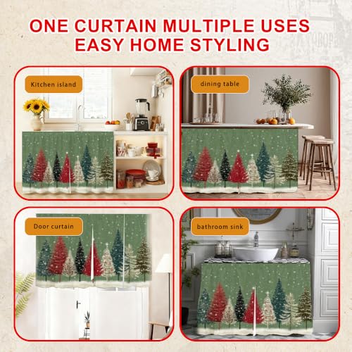 Image of Winter Colorful Pine Trees Snowfall Scene Cabinet Curtain 39.37 x 27.56 Inch Polyester Decorative Cover for Kitchen Sink Cabinet Bathroom Vanity Laundry Area Table Window Door