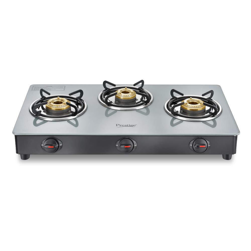 Prestige Jade Glass Top 3 Burner Gas Stove, Manual Ignition, Grey