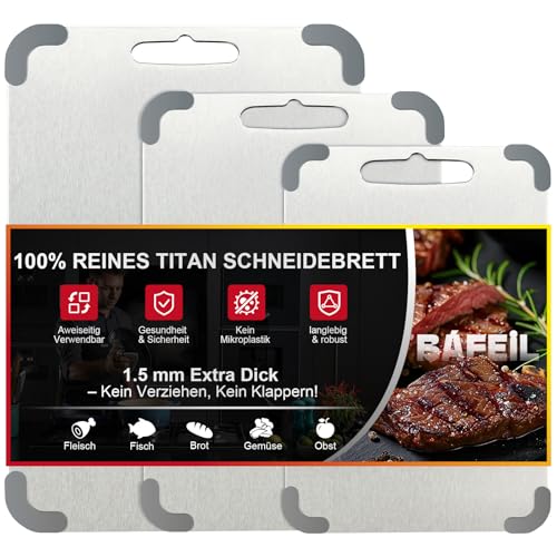 Bafeil 3 Stück Titan Schneidebrett Edelstahl Schneidebrett Set, Titanium Cutting Board Mit Schwamm und Sparschäler BPA-frei, Antibakteriell, Ideal für Küche