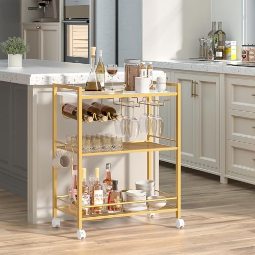 Image of Joaxswe Bar Cart,3-Tier Home Bar Serving Cart with Lockable Wheels,Gold | Microwave Cart,Mobile Kitchen Shelf,Rolling Beverage Cart with Wine Rack and Glass Holder for Kitchen,Dinning Room
