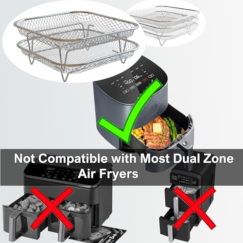 Image of Dual-Layer Air Fryer Rack Set with Elevated and Regular Support Legs. 304 Stainless Steel Mesh Baskets, Versatile Use for Air Fryer, Steamer, Oven, Dishwasher Safe.