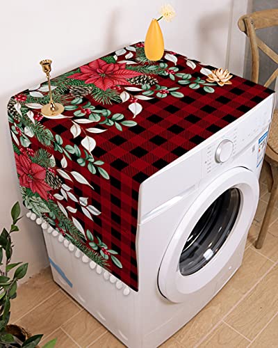 Fridge Dust Cover, Christmas Washing Machine Top Covers With 4 Storage Pockets, Xmas Eucalyptus Leaves Poinsettia Pine Cones Red Plaid Kitchen Refrigerator Covers Protector Storage Bags, 28" X 67" #TOP1