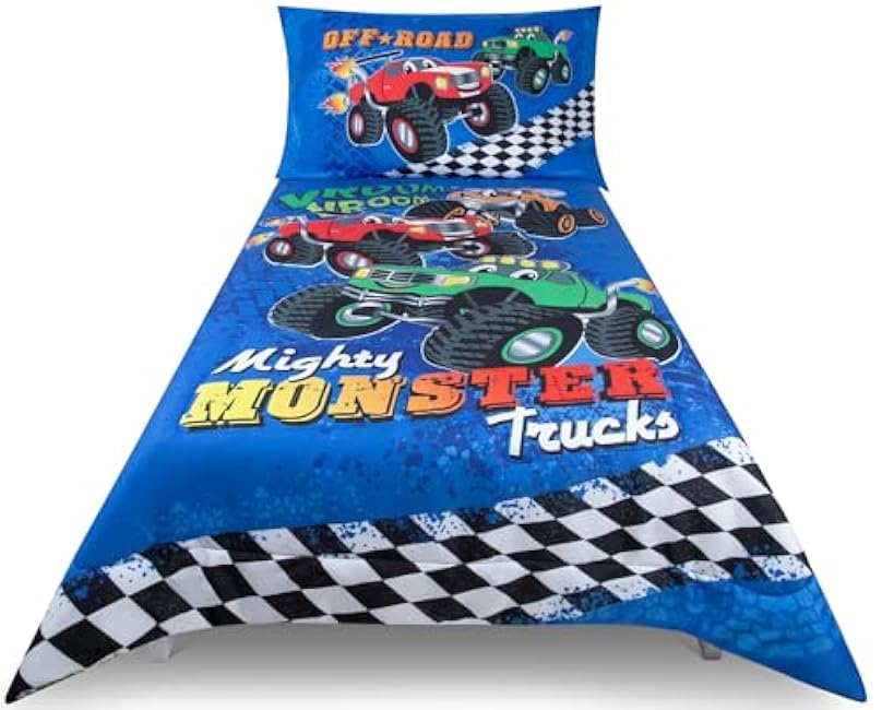 Monster Trucks Toddler Bedding Set for Boys - 4-Piece Toddler Bed Comforter Sets for Boys, Reversible Comforter & Pillowcase, Flat Sheet, Fitted Sheet, Breathable & Super Soft Microfiber