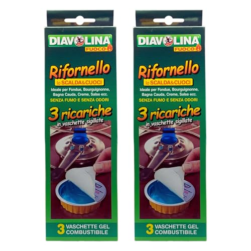 Vaschette gel combustibile RIFORNELLO, Ideale per Fondue, Bourguignonne, Bagna Cauda, Creme, Salsa ecc. senza fumo e senza odori, Confezione da 3 ricariche in vaschette sigillate. (3x80g.) (2 Unità)