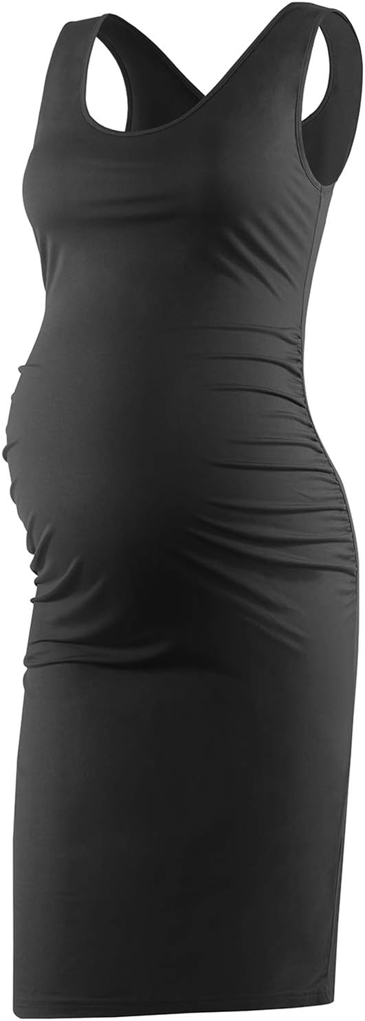 Women's Sleeveless Maternity Tank Dress Ruched Pregnancy Clothing Baby Shower Dresses, Tank Dress-black, Medium