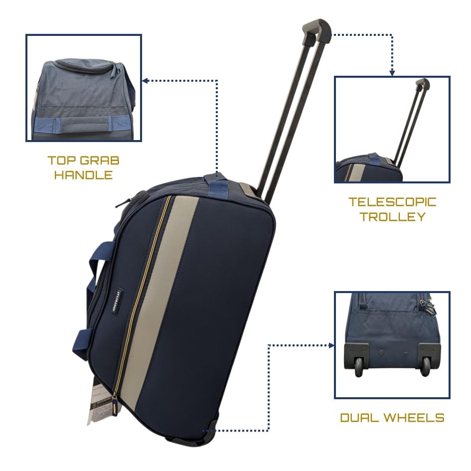 Image of Aristocrat Sierra Duffle Trolley Bag, Navy Blue, Telescopic Trolley, Top Grab Handle, Dual Wheels, 3 Years Warranty, Gift Box Packaging