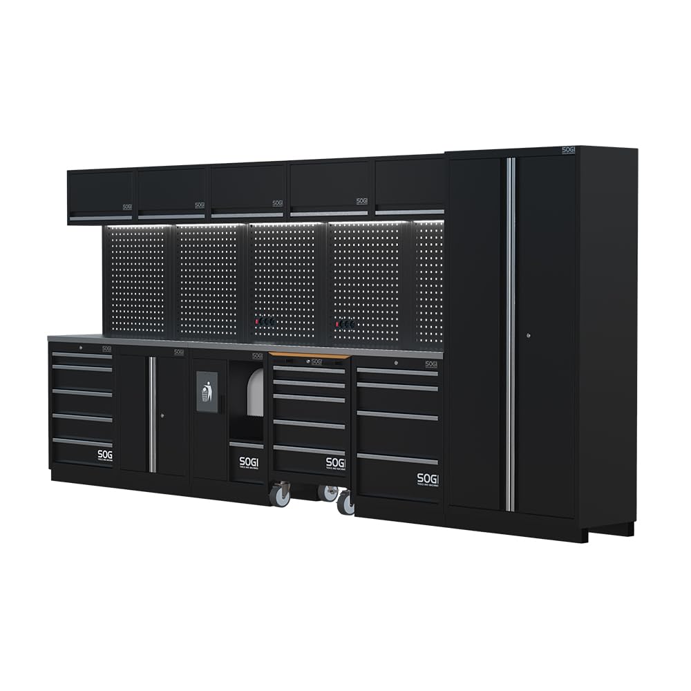 Sogi ARR-OFF-4320 Arredamento modulare in lamiera per officina e garage - piano in acciaio inox - 4315x466x2000 mm