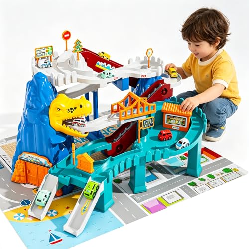 Dinosaur Race Track Playset for Kids,Toy Car Ramp Track Dinosaur Climbing Hills with10 Mini Racer Cars, Colorful Construction Play Set for 3 4 5 6 7 8 Year Old Boys Girls