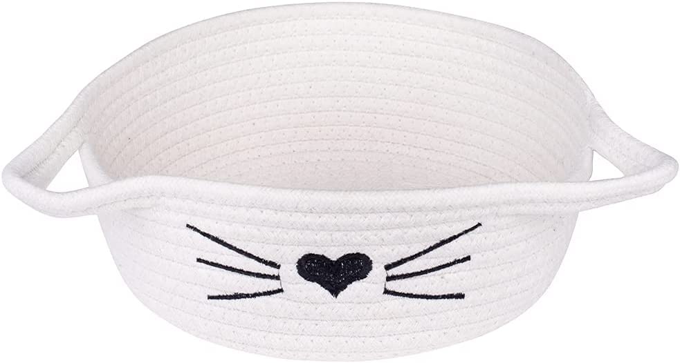 ☆LBY® Small Woven Basket Cotton Rope Basket with Cat Ears Little Storage Baskets for Organizing Bins Organizer Wicker Nursery Room for Kids Baby Dog Toy Drawer Gifts 9.5"x8.5"x4", (White)