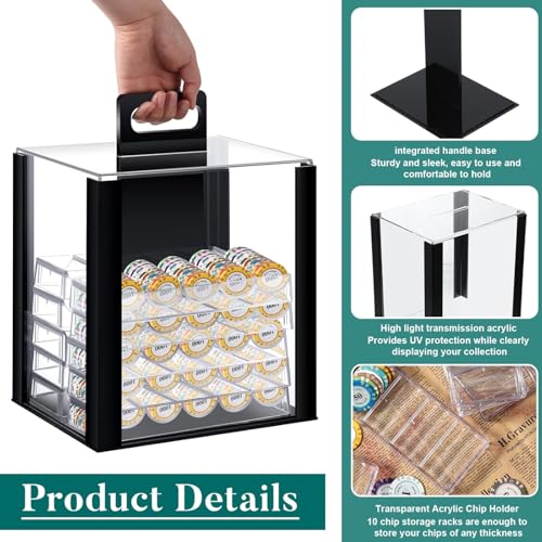 Hiboom 2 Pack Acrylic Poker Chip Case, 1000 Pcs Chips Capacity Chip Trays Set Including Carrier Acrylic Display Case and 10 Pcs Trays Racks Holder (Black) - Thumbnail 3
