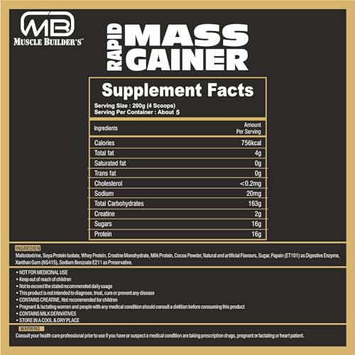 Image of M B Muscle Builder's Rapid Mass Gainer & Weight Gainer, High Calorie Weight Gainer Protein Powder with Creatine Monohydrate | Optimum Lean Muscle Growth [1 Kg / 2.2 lb, Chocolate Peanut Butter]