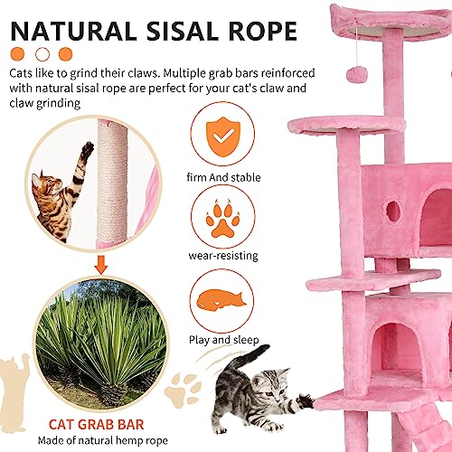Image of BestPet | 70 inch Cat Tree Tower | Pink | Sturdy Multi-Level Cat Tree