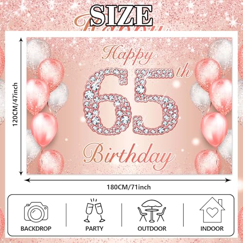 Image of Happy 65th Birthday Rose Gold Banner Cheers to 65 Years Old Backdrop Confetti Balloons Theme Decor for Women 65 Years Old Pink Birthday Party Decorations Bday Supplies Background Favors Gift Glitter