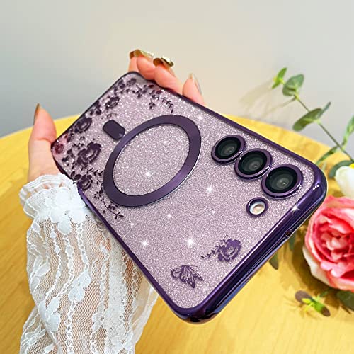 Lsl For Samsung Galaxy S23 Plus 6.6" Magnetic Glitter Case,Luxury Plating Bling Clear Rose Pattern Design, Compatible With Magsafe And Full Camera Lens Protector Protective Case For Women Girls-Purple #TOP2