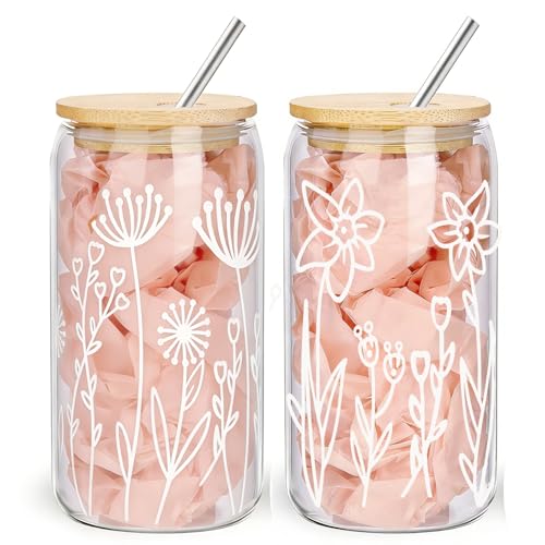 wangxitumug Floral Iced Coffee Cup 2 Set, 24 oz Glass Cups, With Lids and Straws Aesthetic Matcha, Flower Glass Coffee Tumblers for Mama,Birthday Gifts for Women