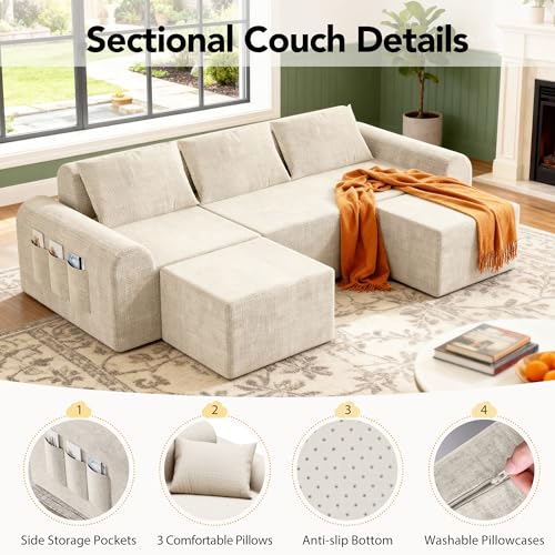 Decofy Cloud Modular Sectional Sofa, No Assembly Deep Seat Chenille Couch with 2 Ottomans, 3-Seater Modular Sofa for Living Room, Beige