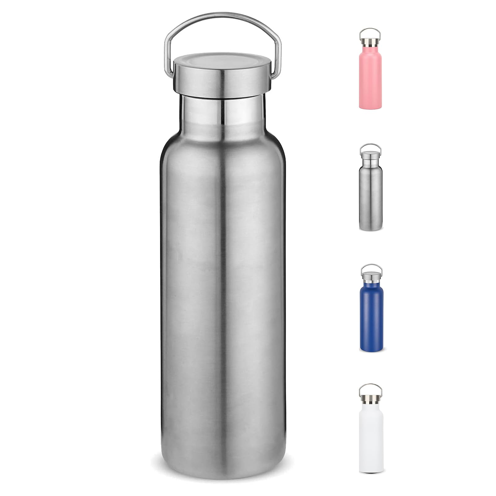 500ml Insulated Water Bottles Bulk,Stainless Steel Double Wall Sport Bottle with Lid of Handle,Metal Reusable Flask for School,Cyclists,Hikers,Gift (Silvery)