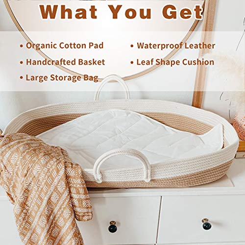 Baby-Diaper-Changing-Basket-Nursery-Set-with-Thick-PadWaterproof-Leather-Pad-Leaf-Shape-Cushion-and-Storage-Bag-Baby-Shower-Gift