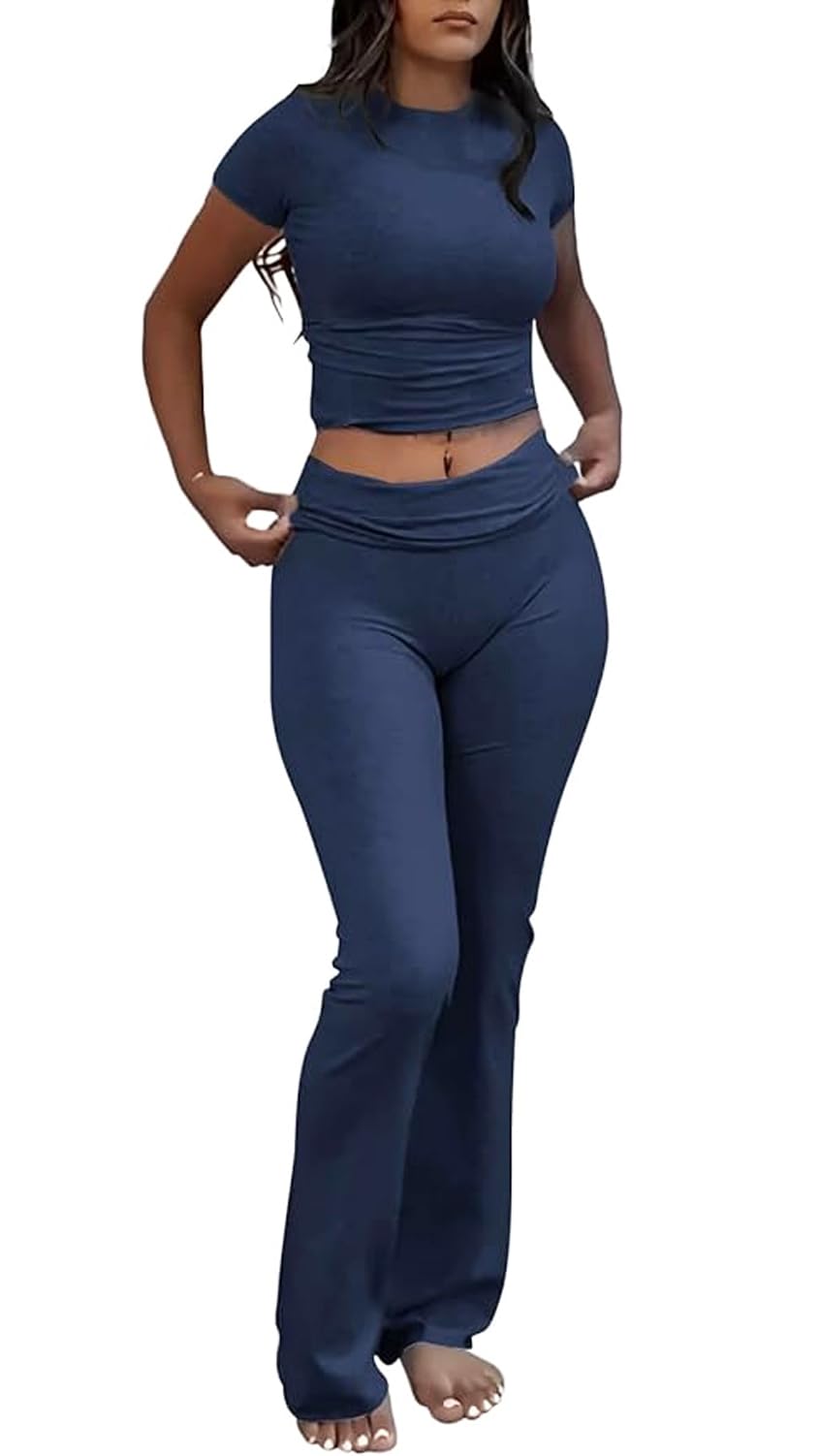 Women's 2 Piece Lounge Outfits Slim Short Sleeve Tops Low Rise Flare Leggings Sets Yoga Sweatsuit