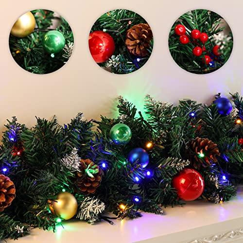 Cewor 9Ft Christmas Artificial Garland Green Rattan With Multi-Color Led Lights With Pine Cones And Red Berries For Home Stairs Fireplace Front #TOP3