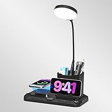 KDD Wireless Charging Desk Lamp, 4 in 1 360° Rotating Bedside Lamp with Phone Holder and Pen Holder, Adjustable Dual Mode Reading Lamp for School Home (Black)