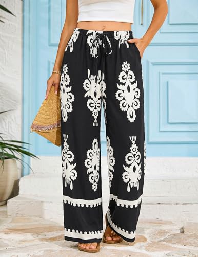 Women's Wide Leg Palazzo Pants Summer Boho Floral Trousers Summer Flowy Beach Vacation Pant Resort Wear Black White S — view 4
