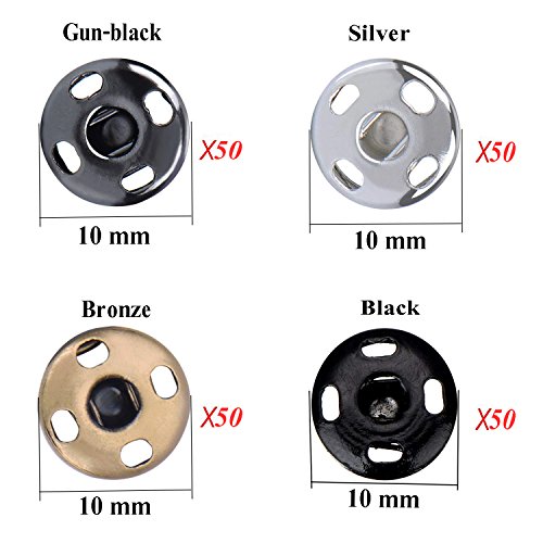 Kenkio 200 Sets 10 Mm Sew-On Snap Metal Snaps Fasteners Press Studs Buttons For Sewing Clothing, 4 Colors #TOP1
