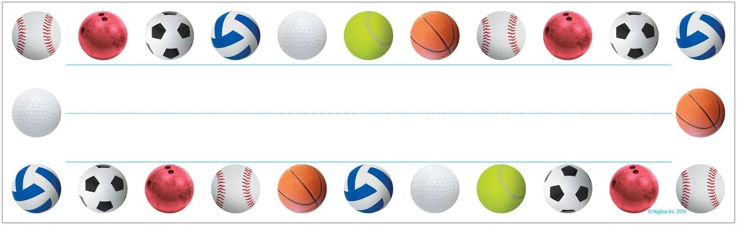 Hygloss Products Sports Balls Kids Name Plates for Desks Cubbies Lockers – 9.5 x 2-7/8 Inch, 36 Pack