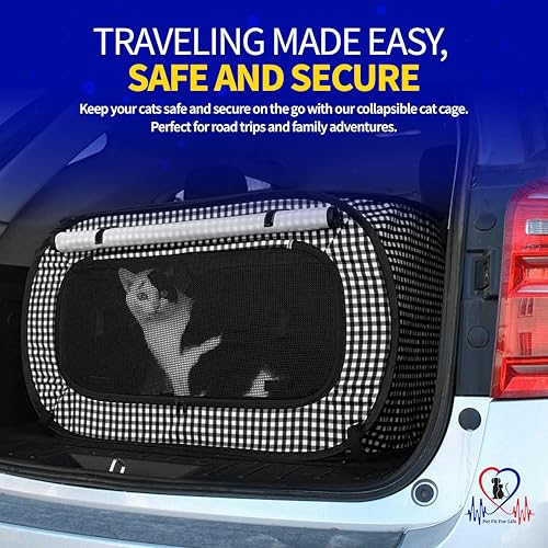 Image of Pet Fit For Life Extra Large Cat Carrier for Travel - Foldable & Portable Collapsible Kennel with Litter Box, Feather Toy & Water /Food Bowl - Ideal for Cars, Long Trips & Indoor Cats - Black Checkers