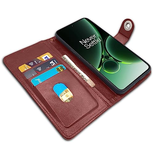 Image of Pikkme OnePlus Nord 3 5G Flip Cover Leather Finish | Inside TPU with Card Pockets | Wallet Stand and Shock Proof | Complete Protection Button Flip Case (Brown)