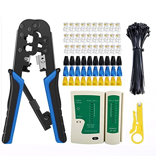 Rj45 Crimp Tool Kit Cat5 Crimping Tool, 3-in-1 rj45/rj11/rj12 Ratcheting Ethernet Crimper, 30pcs rj45 Connectors, 30pcs Covers, 50pcs Nylon Cable Ties, Network Cable Tester, Network Wire Stripper
