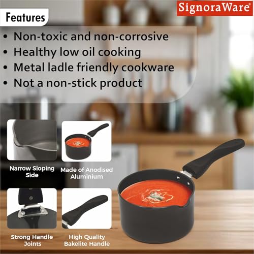Image of Signoraware Opulent Non Stick Saucepan | Multipurpose & Durable | Comfortable & Safe Grip | Effortless Cooking | Best for Boiling Milk, Preparing Tea /Coffee & Heating Soups | (1.5 LTR | Steel)