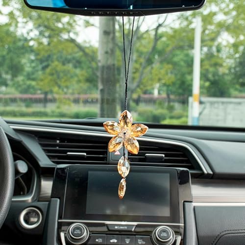 Image of Crystal Flower Car Rear View Mirror Hanging Ornament - Sparkles with Rainbows for a Sense of Luck and Happiness Car Interior Accessories (Champagne)