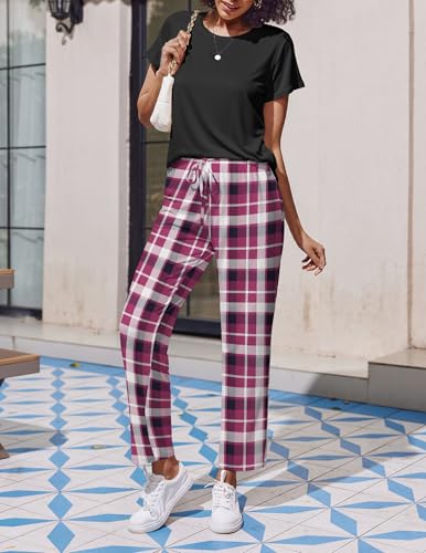 Image of Ekouaer 2 Pack Pajamas for Women Set Short Sleeve Pj Top and Printed Pants | Soft PJs Cozy Printed Lounge Sets Comfy Sleepwear with Pockets