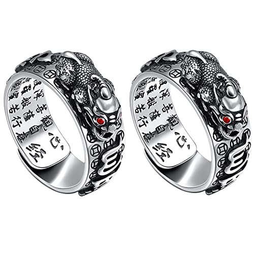 BIUBIULOVE Bague Feng Shui Pixiu Mantra,Feng Shui Pixiu Mani Mantra Protection Richesse Anneau,Amulette D'argent De Bonne Chance, Anneau De Sutra De Coeur Bouddhiste (Pixiu-Argent aux yeux rouges) Cover